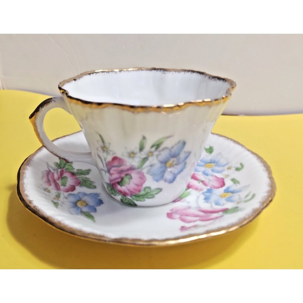 Salisbury England Cup & Saucer Set Pink & Blue Flowers Gold Trim 1950's